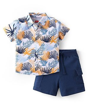 Babyhug Cotton Knit Half Sleeves Shirt & Shorts Set With Tropical Print - White & Navy