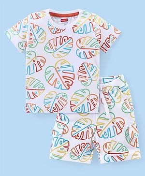 Babyhug Cotton Knit Half Sleeves T-Shirt & Shorts Set With Leafy Print - Multicolor