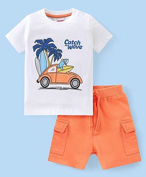 Babyhug Cotton Knit Half Sleeves T-Shirt & Shorts Set With Car Print - White & Orange
