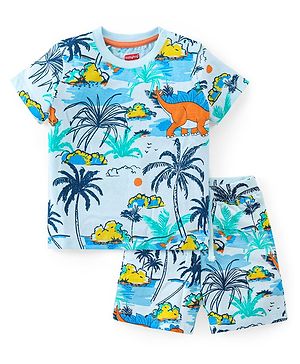 Babyhug Cotton Knit Half Sleeves T-Shirt & Shorts Set With Dinosaur Print - Multicolor