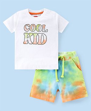 Babyhug Cotton Knit Half Sleeves T-Shirt & Tie Dye Shorts Set With Text Print - Multicolor