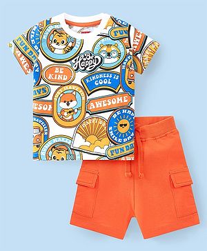 Babyhug Cotton Knit Half Sleeves T-Shirt & Shorts Set With Text & Animal Print - Multicolor