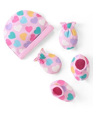 Babyhug 100% Cotton Knit Cap Mittens & Booties Set Heart Print - Pink