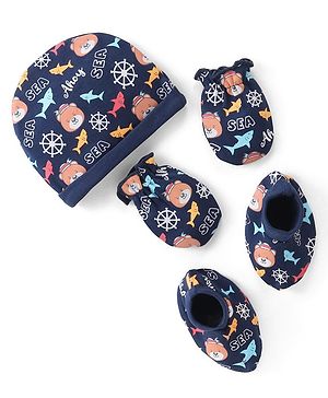 Babyhug 100% Cotton Knit Cap Mittens & Booties With Aquatic Animal Print - Navy Blue