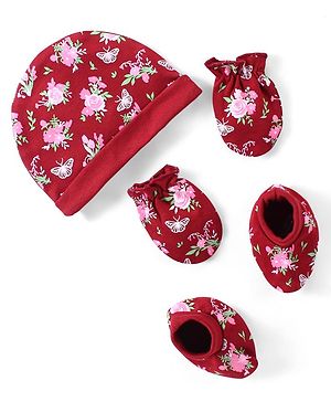 Babyhug 100% Cotton Interlock Cap Mittens & Booties Set with Floral Print - Maroon