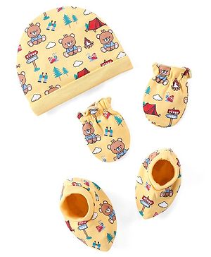 Babyhug 100% Cotton Interlock Cap Mittens & Booties Set with Teddy Bear Print - Yellow