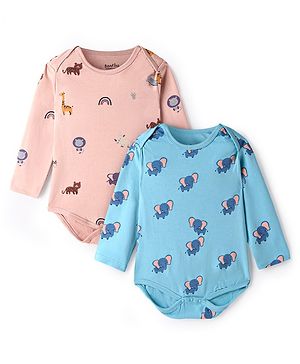 Bonfino 100% Cotton  Knit Full Sleeves Onesies with Animal Print Pack of 2 - Blue & Peach