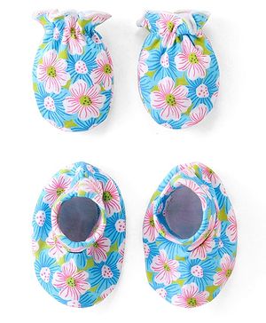 Babyhug 100% Cotton Knit Floral Print Mittens and Booties - Blue