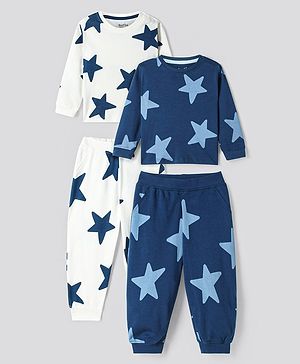 Bonfino 100% Cotton  Knit Full Sleeves Night Suits with Star Print Pack of 2 - Navy Blue & White