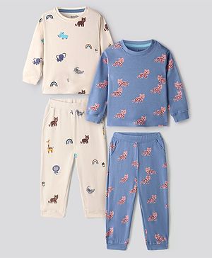 Bonfino 100% Cotton Knit Full Sleeves Animal Printed Night Suits Pack of 2 - Off White & Blue