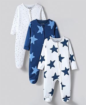 Bonfino 100% Cotton Knit Full Sleeve Polka Dots & Star Printed Footed Sleep Suits Pack Of 3 - White & Navy Blue