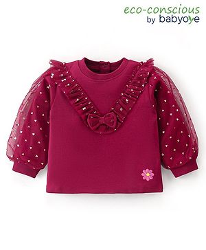 Babyoye 100% Cotton French Terry Eco Conscious Full Sleeves Solid Winter Top with Frill Detailing & Bow Applique - Dark Pink