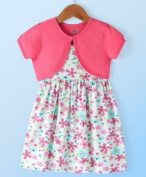 Babhyhug Single Jersey Knit Sleeveless Frock with Floral Print - White