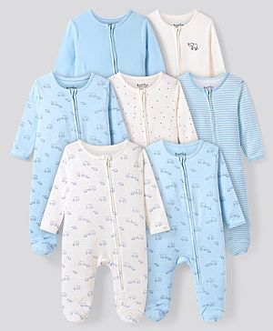 Bonfino  100% Cotton Knit Full Sleeve Solid Striped & Elephant Printed  Footed Sleep Suits Pack Of 7 - Light Blue & White