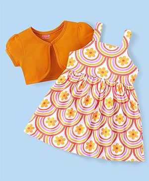 Babyhug Single Jersey Knit Half Sleeves Shrug With Frock Floral Print - White