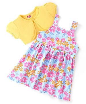 Babyhug Single Jersey Knit Floral Print Frock with Half Sleeves Shrug - Yellow & Blue