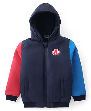 Pine Kids Marvel Full Sleeves Front Open Padded Hooded Jacket with Avengers Patch Applique - Navy Blue & Red