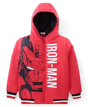 Pine Kids Marvel Full Sleeves Front Open Padded Hooded Jacket with Iron Man Graphics - Red