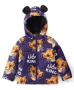 Babyhug Disney Woven Full Sleeves Hooded Padded Jacket With Lion King Graphics & Ears Applique - Purple