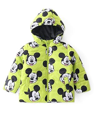 Babyhug Disney Full Sleeves Front Open Padded Hooded Jacket with Mickey Mouse Graphics - Limegreen