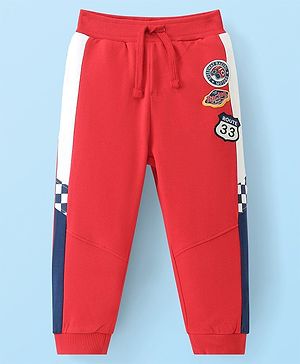 Babyhug French Terry Full Length Cut & Sew Lounge Pant Badges Print - Red