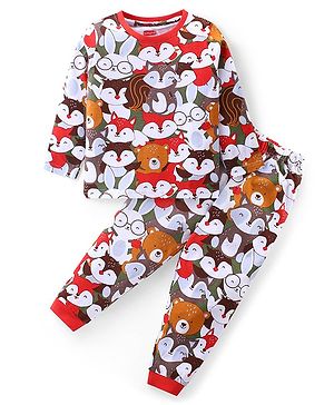 Babyhug Cotton Knit Full Sleeves Night Suit Animals Print- Multicolour