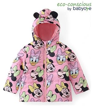 Babyoye Disney Woven Full Sleeves Hooded Padded Jacket With Minnie Mouse Graphics & Ears Applique - Pink