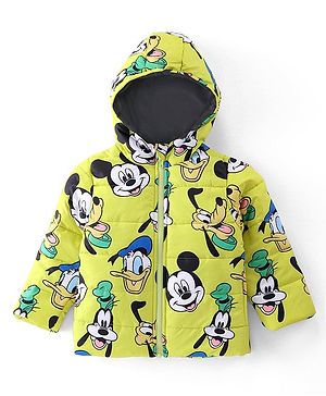 Babyhug Disney Woven Full Sleeves Front Open Padded Hooded Jacket with Mickey Mouse & Friends Graphics - Light Green