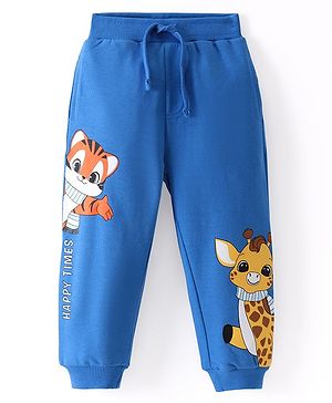 Babyhug  French Terry Knit Full Length  Lounge   Pant with Tiger & Giraffe Print - Blue