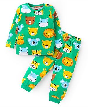 Babyhug Cotton Knit Full Sleeves Night Suit With Animals Print - Green