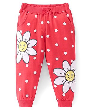 Babyhug French Terry Knit Full Length Lounge Pant with Polka Dots & Floral Print - Red
