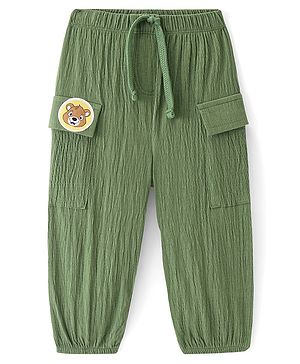 Babyhug French Terry Knit Full Length Lounge Pant with Animal Patch Detailing - Olive Green