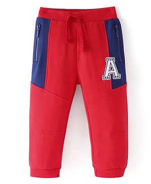 Babyhug French Terry Full Length Jogger Fit Track Pants with Pockets & Letter Patch - Red