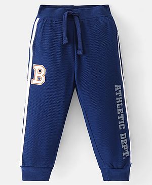 Babyhug French Terry Full Length Jogger Fit Track Pants with Letter Patch - Navy