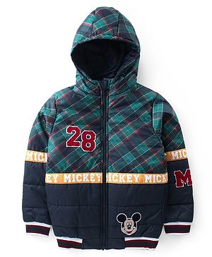 Pine Kids Disney Full Sleeves Front Open Padded Hooded Jacket with Mickey Mouse Patch & Embroidery - Navy Blue