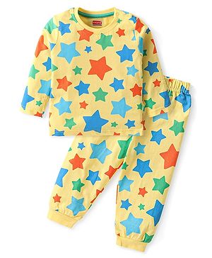 Babyhug Cotton Knit Full Sleeves Night Suit With Stars Print - Yellow