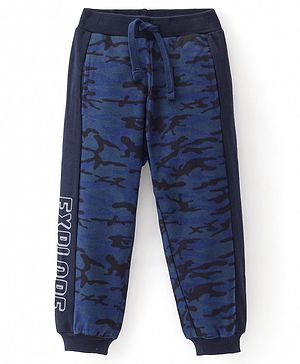 Babyhug French Terry Full Length Lounge Pant with Side Text & Camouflage  Print - Navy Blue