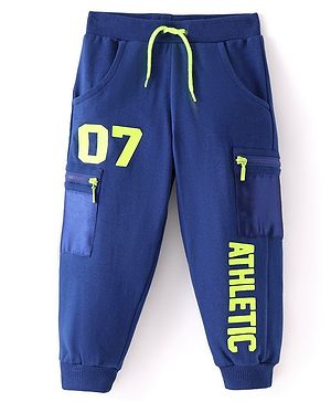 Babyhug French Terry Knit Full Length Lounge Pant with Text Print - Navy Blue