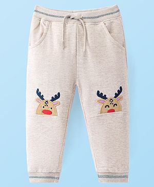 Babyhug French Terry Knit Full Length Lounge Pant with Animal Patch - Cream