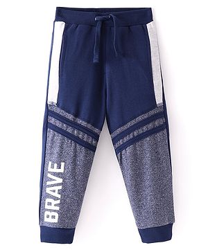 Babyhug French Terry Knit Full Length Text Printed Lounge Pant with Cut & Sew Design - Navy Blue