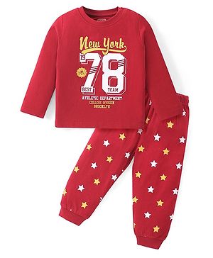 Babyhug Cotton Knit Full Sleeves Night Suit With Text Print - Brown
