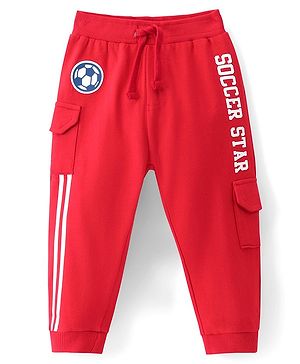 Babyhug Terry Knit Full Length Lounge Pant with Football Theme & Text Print - Red