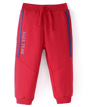 Babyhug Cotton Knit Full Length Lounge Pants With Text Print - Red