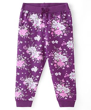 Babyhug Cotton Knit Full Length Lounge Pants With Floral Print - Purple