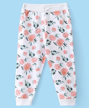 Babyhug Terry Knit Full Length Lounge Pant with Floral Print - White