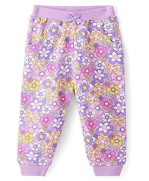 Babyhug Cotton Knit Full Length Lounge Pants With Floral Print - Lavender