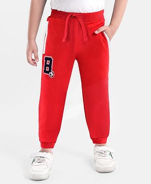 Babyhug Cotton Knit Full Length Lounge Pants With Football Embroidery - Red