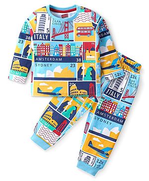 Babyhug Cotton Knit Full Sleeves Night Suit with Vehicle & Text Print - Multicolour