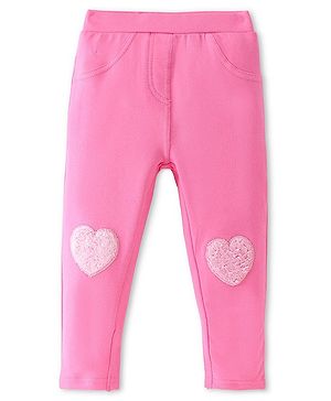 Babyhug French Terry Knit Full Length Stretchable Jeggings with Heart Applique - Pink
