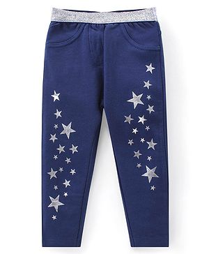 Babyhug Terry Knit Full Length Jegging with Star Print - Navy Blue